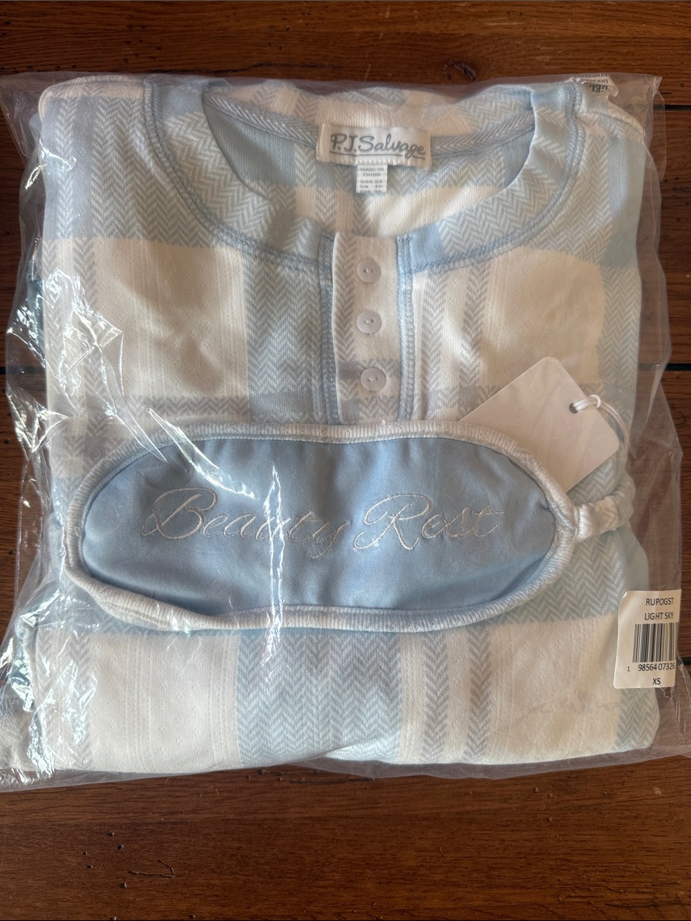 P.J. Salvage Light Blue and White Striped Pajama Set with Eye Mask